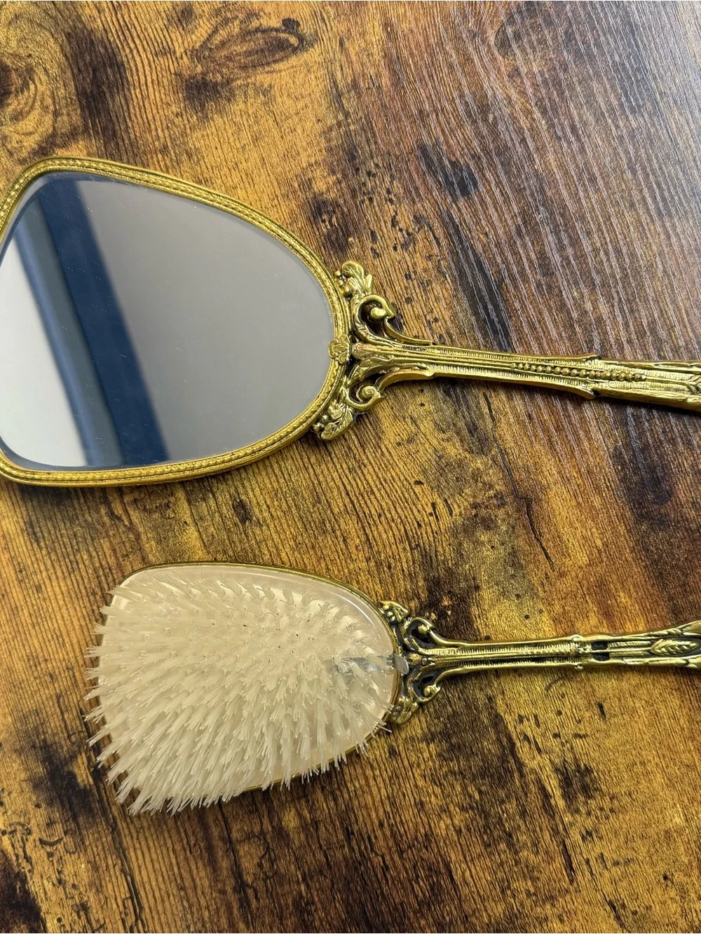 Vintage Gold Hand Mirror & Brush Set